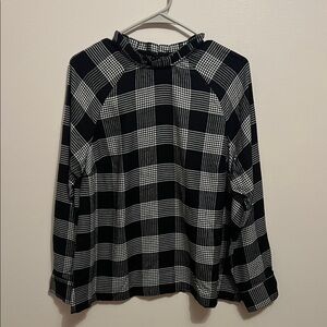 LOFT Black & White Plaid Ruffle-Neck Long Sleeve Top